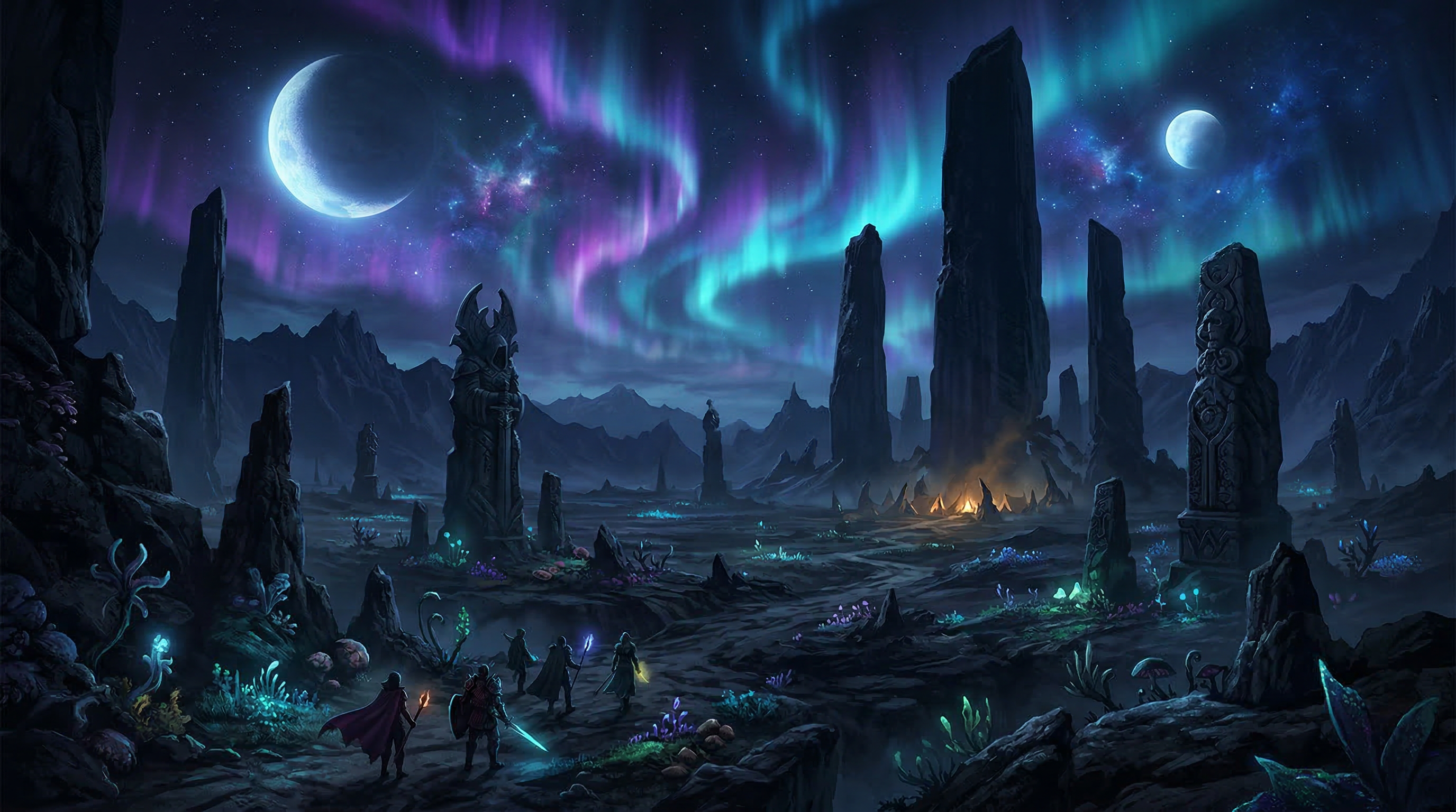 El mundo de EndCosmos — paisaje oscuro con monumentos y aurora